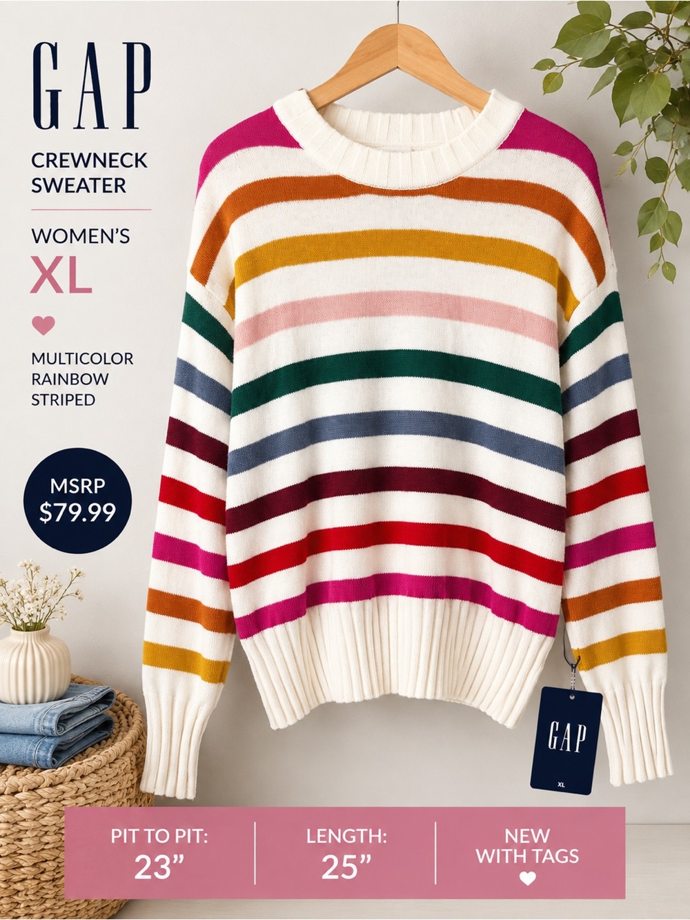 GAP Women's Cream Crewneck Sweater with Multicolor Stripes